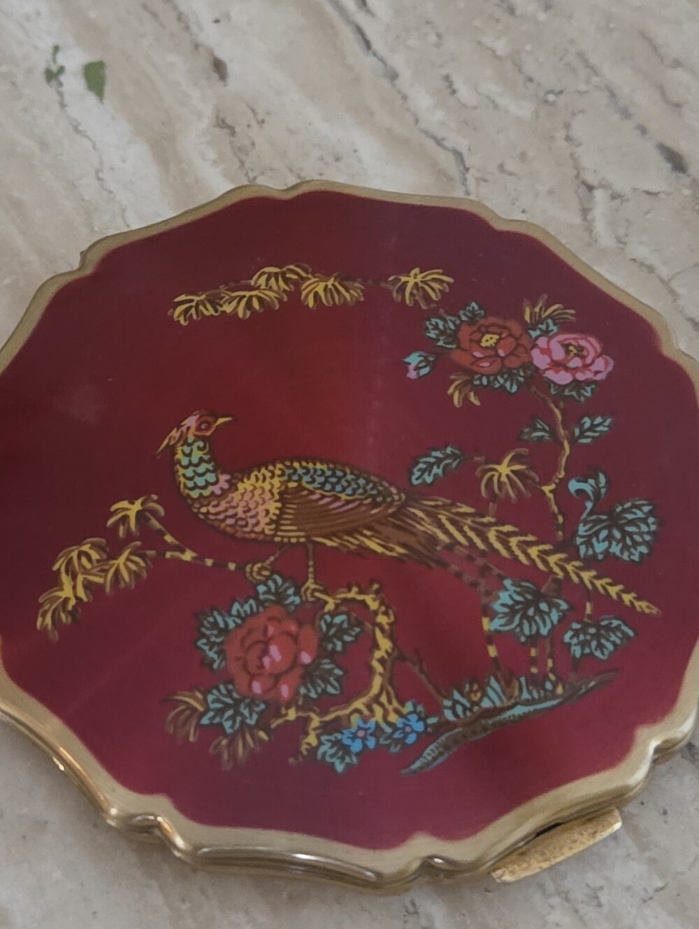 Vintage Stratton England Powder Mirror Compact Pheasant Floral Scalloped Edge